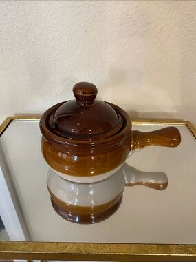 Vintage Hand Crafted Two-Tone Brown Ceramic Saucepot with Lid